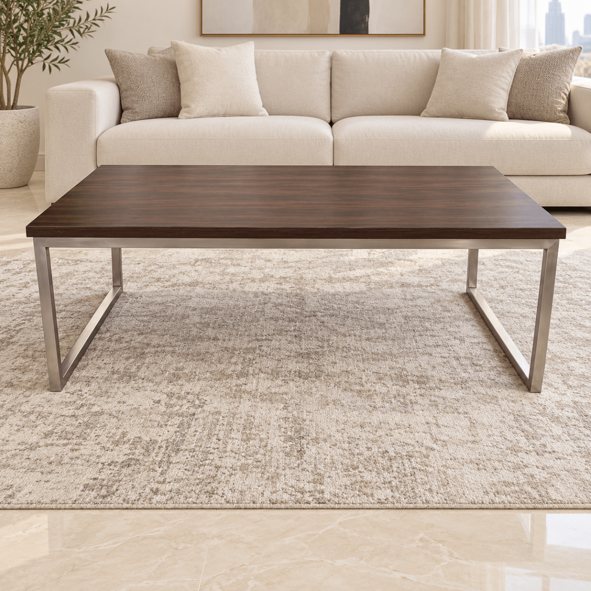 Home Centre Rectangular Coffee Table with Silver Metal Sled Legs – Dark Walnut – 120 × 60 × 45 cm - Al Thahani Furniture