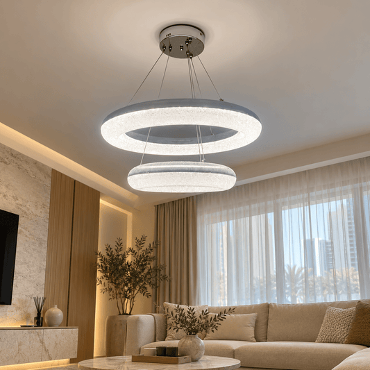 Home Centre Roscoe 2-Ring LED Acrylic Chandelier – Chrome – Warm White - Al Thahani Furniture
