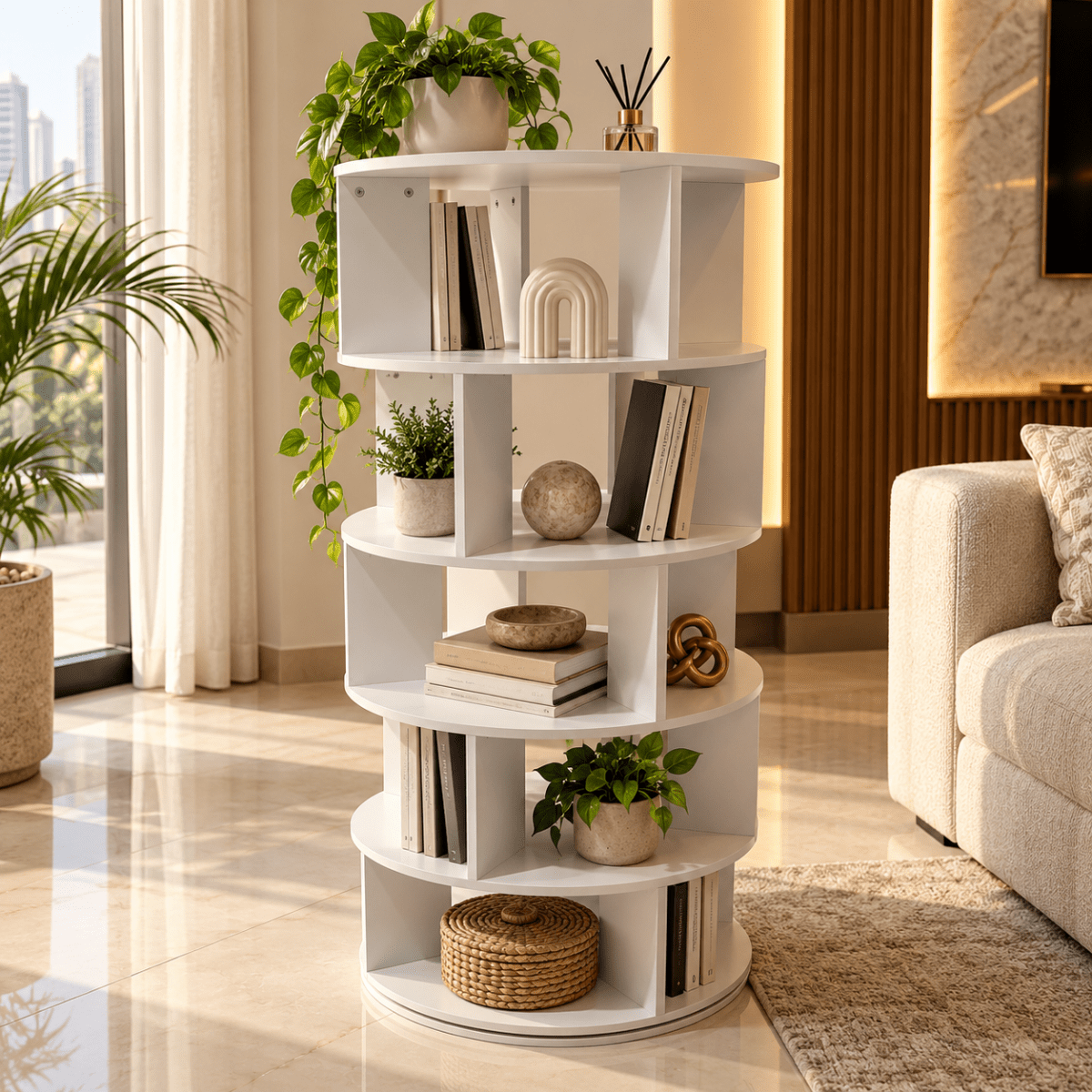 Home Centre Round Rotating Bookcase – White – 60 × 60 × 125.3 cm - Al Thahani Furniture