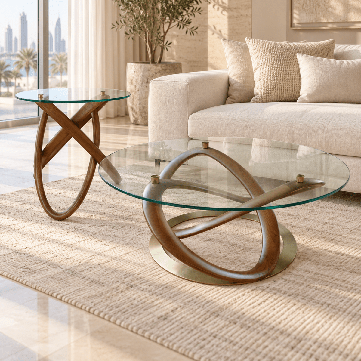 Home Centre Sculptura 2-Piece Round Glass Coffee & Side Table Set – 90 cm & 50 cm – Brown and Gold - Al Thahani Furniture