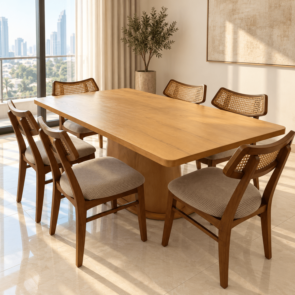 Home Centre Siena Cane 7-Piece 6-Seater Dining Set – Natural Wood & Beige - Al Thahani Furniture