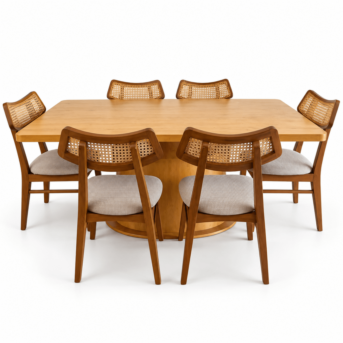 Home Centre Siena Cane 7-Piece 6-Seater Dining Set – Natural Wood & Beige - Al Thahani Furniture