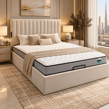 Home Centre Stellar Loft Queen Hydraulic Storage Bed with Mattress – Beige – 160 × 200 cm - Al Thahani Furniture