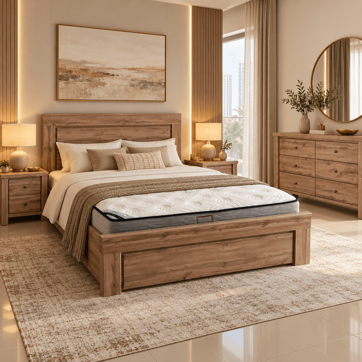 Home Centre Summer King Bedroom Set with Mattress, 2 Nightstands & 6-Drawer Dresser – 180 × 200 cm – Oak - Al Thahani Furniture