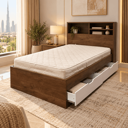 Home Centre Twin Storage Bed with Mattress, 4 Drawers & Headboard Shelves – 120 × 200 cm – Dark Brown - Al Thahani Furniture