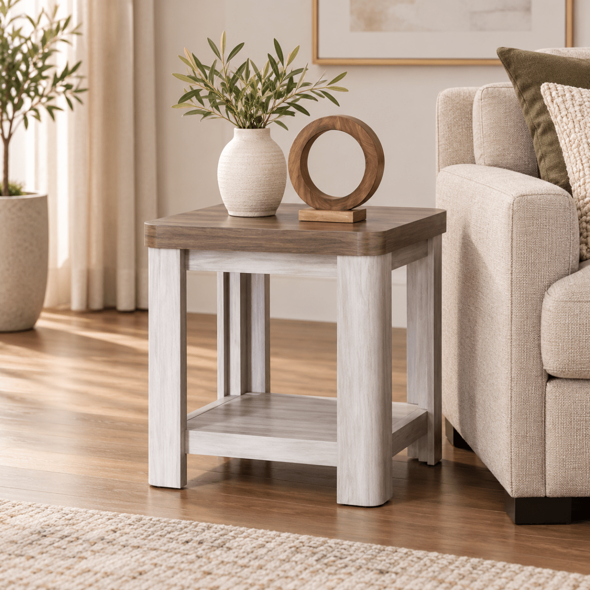 Home Centre Two-Tone Side Table with Lower Shelf – White & Brown – 48 × 40 × 50 cm - Al Thahani Furniture