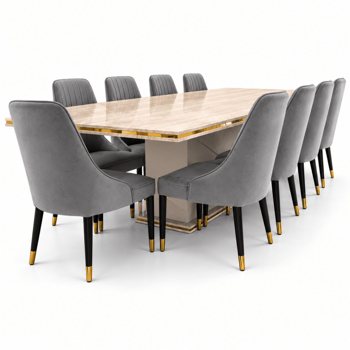 Home Centre Vasto 10-Seater Dining Set with Marble-Finish Wooden Table – Beige, Grey & Gold - Al Thahani Furniture