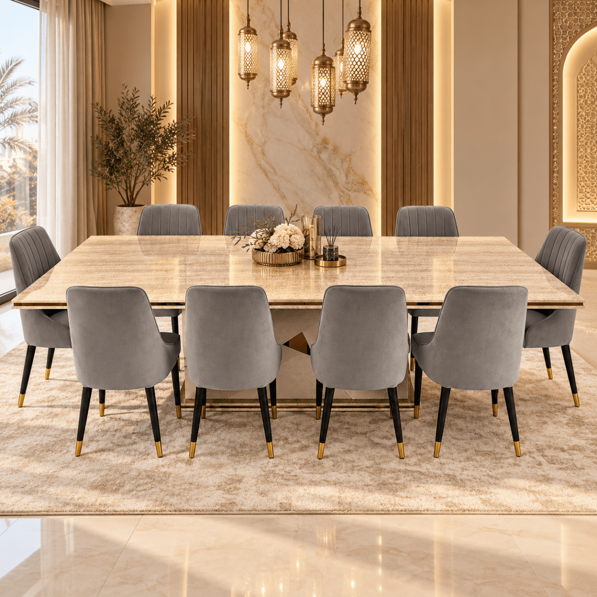 Home Centre Vasto 10-Seater Dining Set with Marble-Finish Wooden Table – Beige, Grey & Gold - Al Thahani Furniture