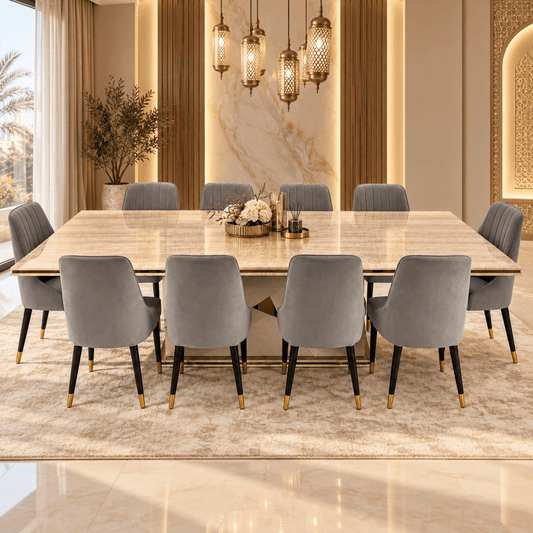 Home Centre Vasto 10-Seater Dining Set with Marble-Finish Wooden Table – Beige, Grey & Gold - Al Thahani Furniture