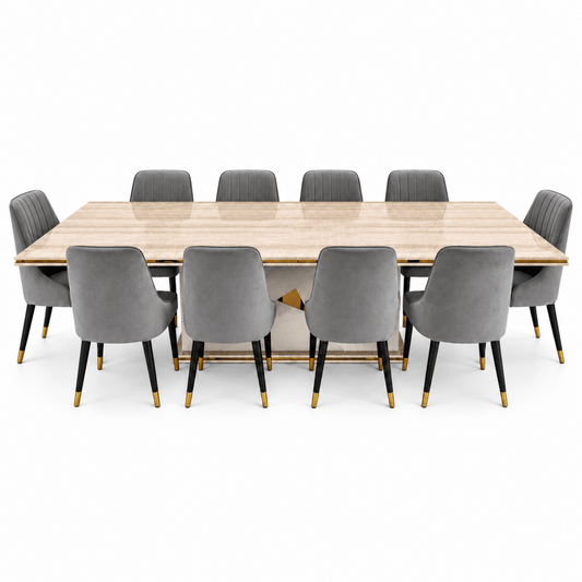 Home Centre Vasto 10-Seater Dining Set with Marble-Finish Wooden Table – Beige, Grey & Gold - Al Thahani Furniture