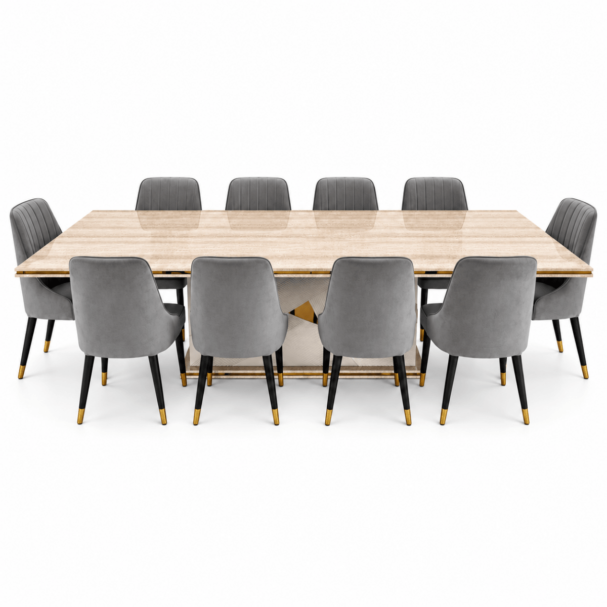 Home Centre Vasto 10-Seater Dining Set with Marble-Finish Wooden Table – Beige, Grey & Gold - Al Thahani Furniture