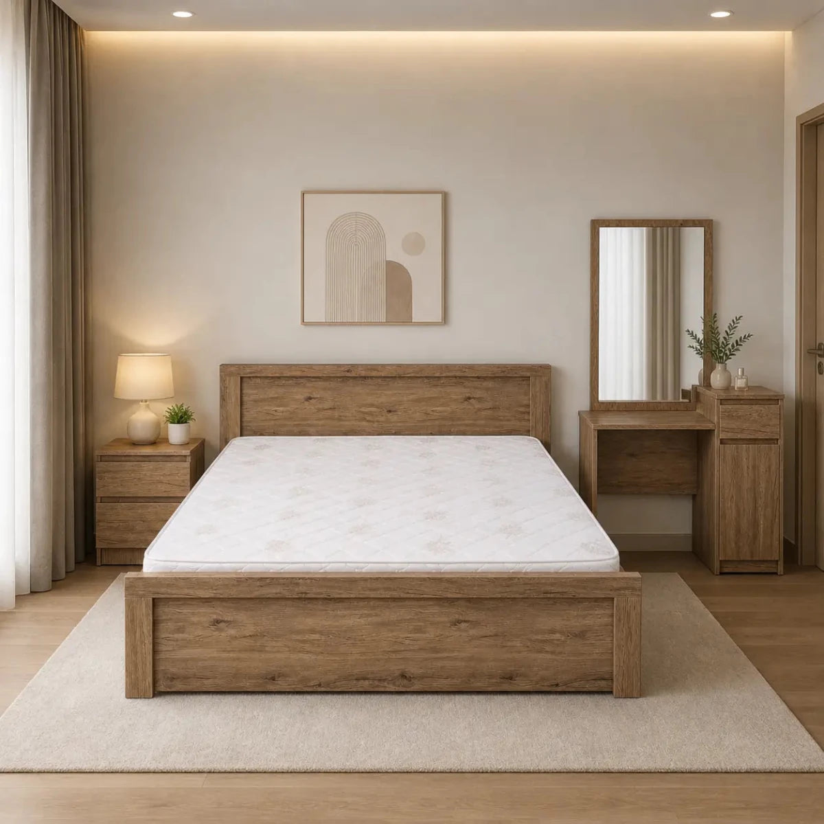 Home r Us King Bed Set – Warm Oak Finish - used 8 months - Al Thahani Furniture