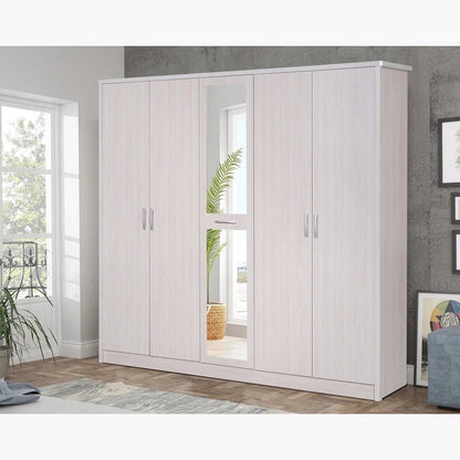 Home R Us King Bedroom Set with Mattress & 5-Door Mirrored Wardrobe | 180 × 200 cm | Light Wood - Al Thahani Furniture