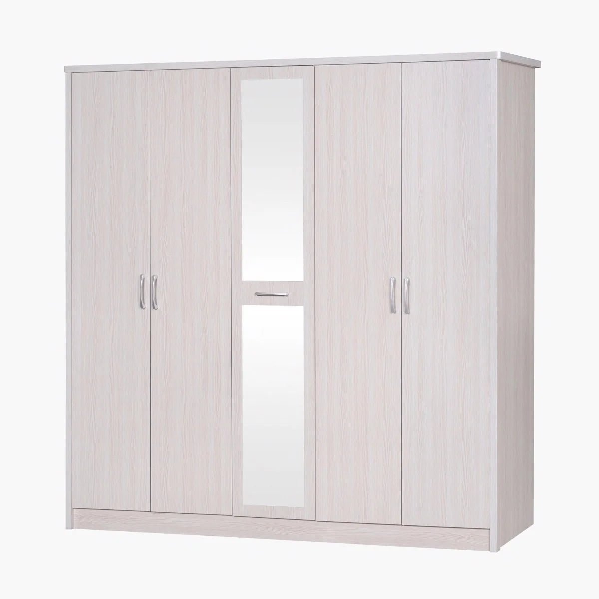Home R Us King Bedroom Set with Mattress & 5-Door Mirrored Wardrobe | 180 × 200 cm | Light Wood - Al Thahani Furniture