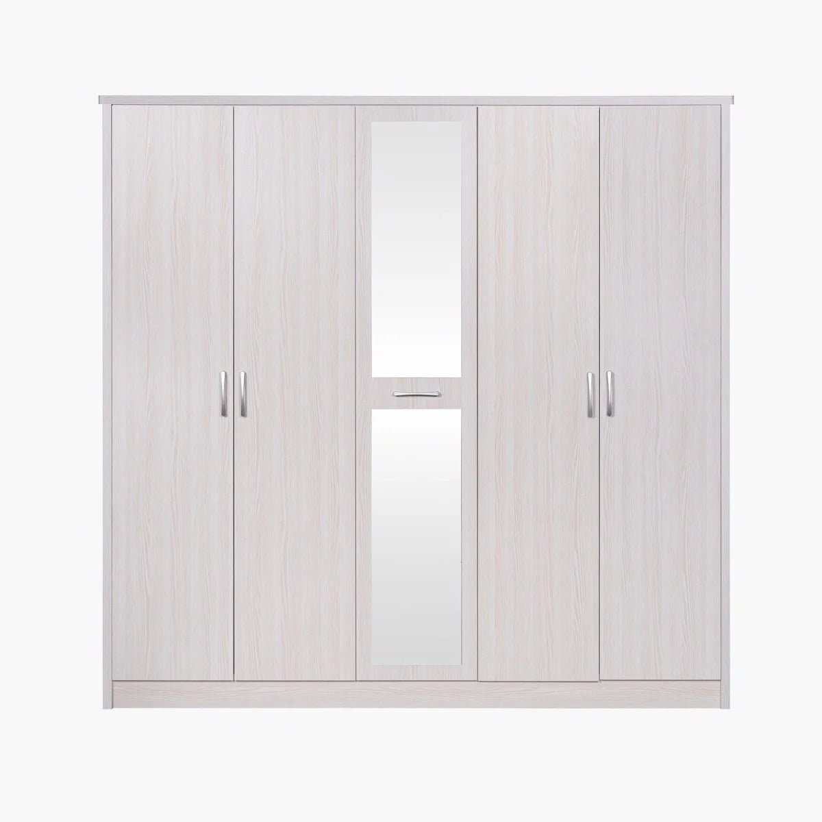 Home R Us King Bedroom Set with Mattress & 5-Door Mirrored Wardrobe | 180 × 200 cm | Light Wood - Al Thahani Furniture