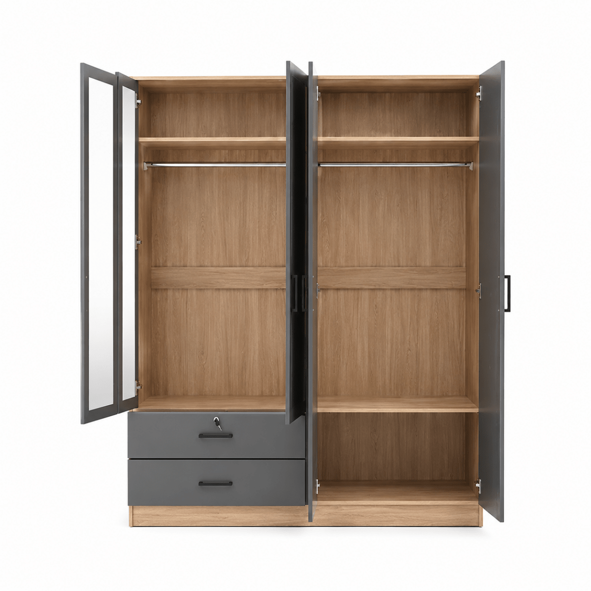 Home Urs April 4-Door Wardrobe with Mirrors & Drawers | Ivory Oak & Anthracite - used 9 months - Al Thahani Furniture