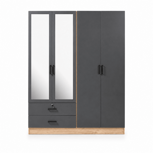 Home Urs April 4-Door Wardrobe with Mirrors & Drawers | Ivory Oak & Anthracite - used 9 months - Al Thahani Furniture