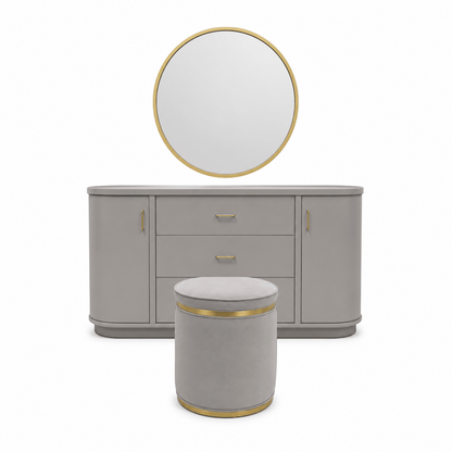 Home Urs Selena Dresser Set with Mirror & Stool | Matte Grey & Gold - used 5 months - Al Thahani Furniture