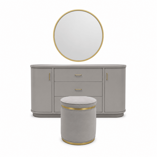 Home Urs Selena Dresser Set with Mirror & Stool | Matte Grey & Gold - used 5 months - Al Thahani Furniture