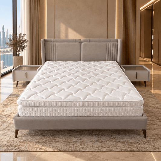 Homes r Us Complete King Bedroom Set with Myra Bed, Mattress & New Selena 6-Door Wardrobe – 180 × 200 cm – Cream & Beige - Al Thahani Furniture
