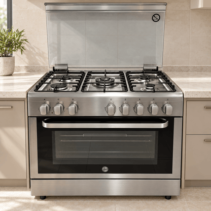 Hoover FGC9060-3DE 90cm 5-Burner Gas Cooker with Electric Oven – Stainless Steel - Al Thahani Furniture