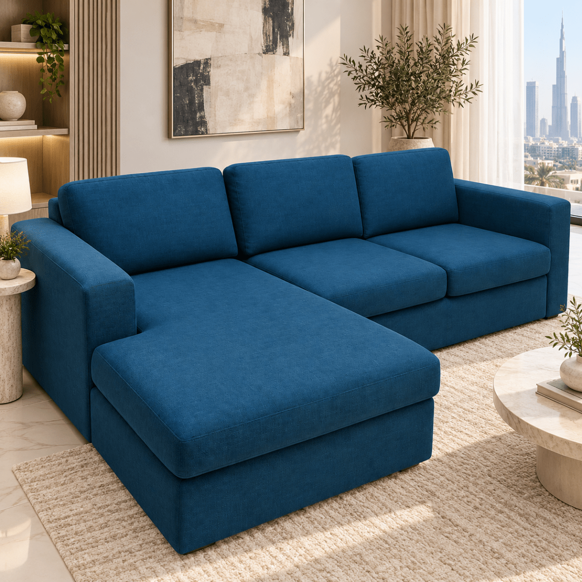 IKEA 3-Seater L-Shaped Sofa with Chaise Longue – Blue - Al Thahani Furniture