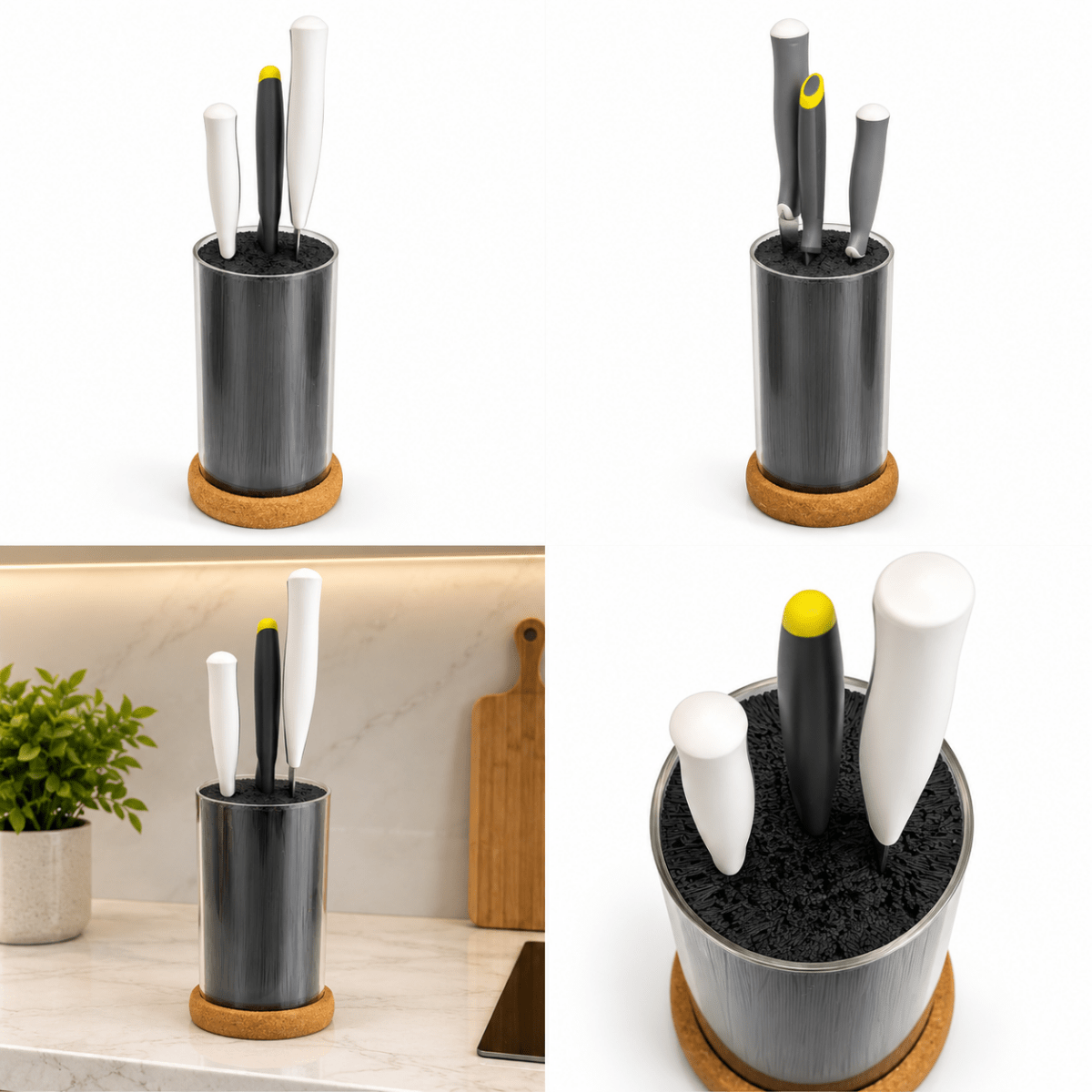 IKEA 365+ Knife Block with 3 Kitchen Knives – Black Glass &amp; Cork – 13 × 24 cm - Al Thahani Furniture