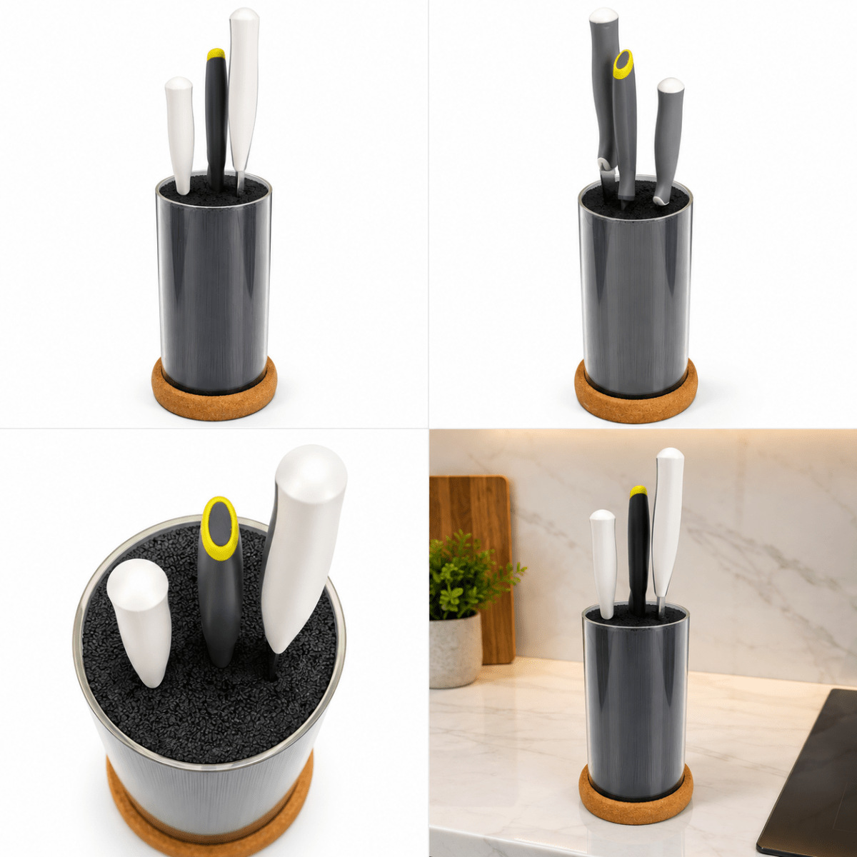 IKEA 365+ Knife Block with 3 Kitchen Knives – Black Glass &amp; Cork – 13 × 24 cm - Al Thahani Furniture