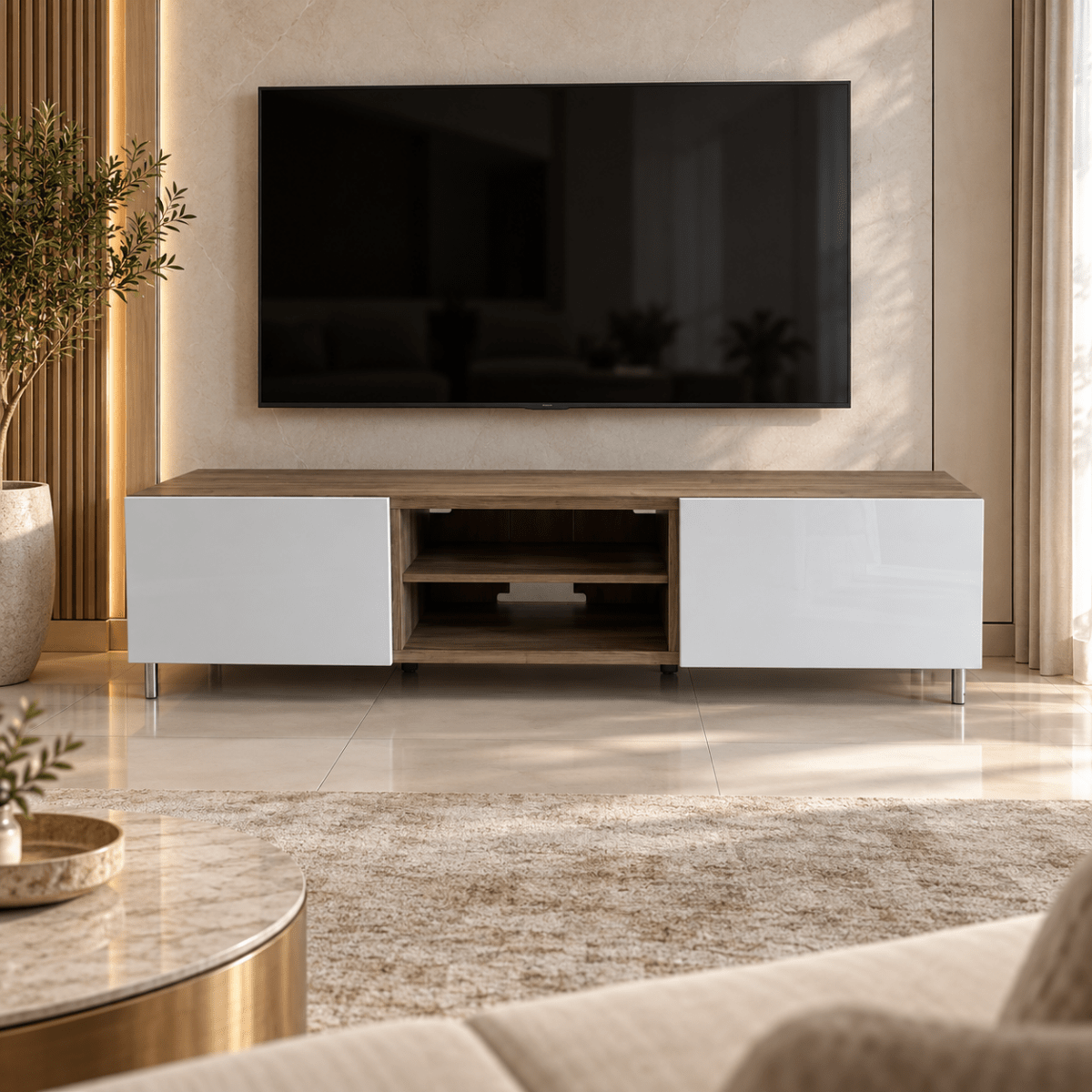 IKEA BESTÅ 180 cm TV Bench with SELSVIKEN High-Gloss White Fronts & Walnut-Effect Top - Al Thahani Furniture
