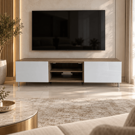 IKEA BESTÅ 180 cm TV Bench with SELSVIKEN High-Gloss White Fronts & Walnut-Effect Top - Al Thahani Furniture