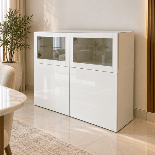 IKEA BESTÅ Storage & Display Cabinet with Glass Doors – White – 120 × 42 × 102 cm - Al Thahani Furniture