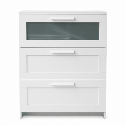 IKEA BRIMNES Chest of 3 Drawers | White/Frosted Glass, 78x46x95 cm - used 3 months - Al Thahani Furniture