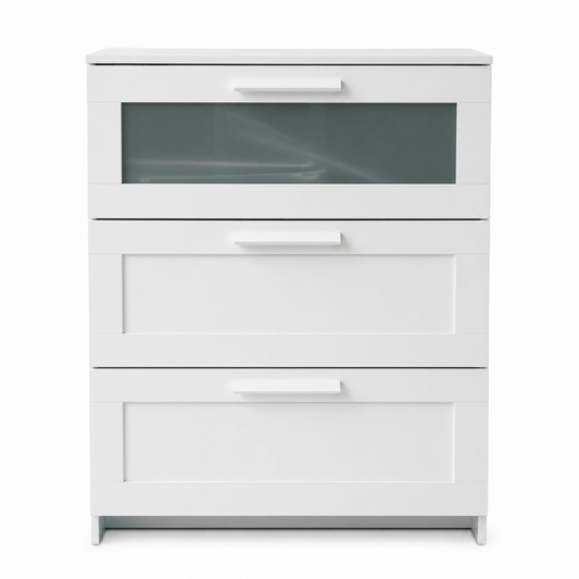 IKEA BRIMNES Chest of 3 Drawers | White/Frosted Glass, 78x46x95 cm - used 3 months - Al Thahani Furniture