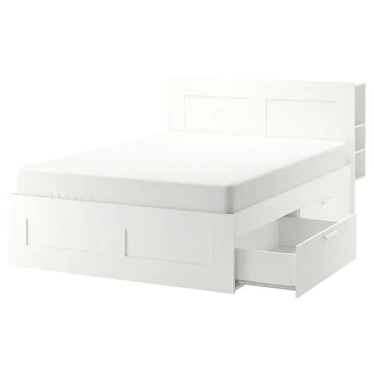 IKEA BRIMNES King Bed Frame with Storage & Headboard | White, 180x200 cm - used 7 months - Al Thahani Furniture