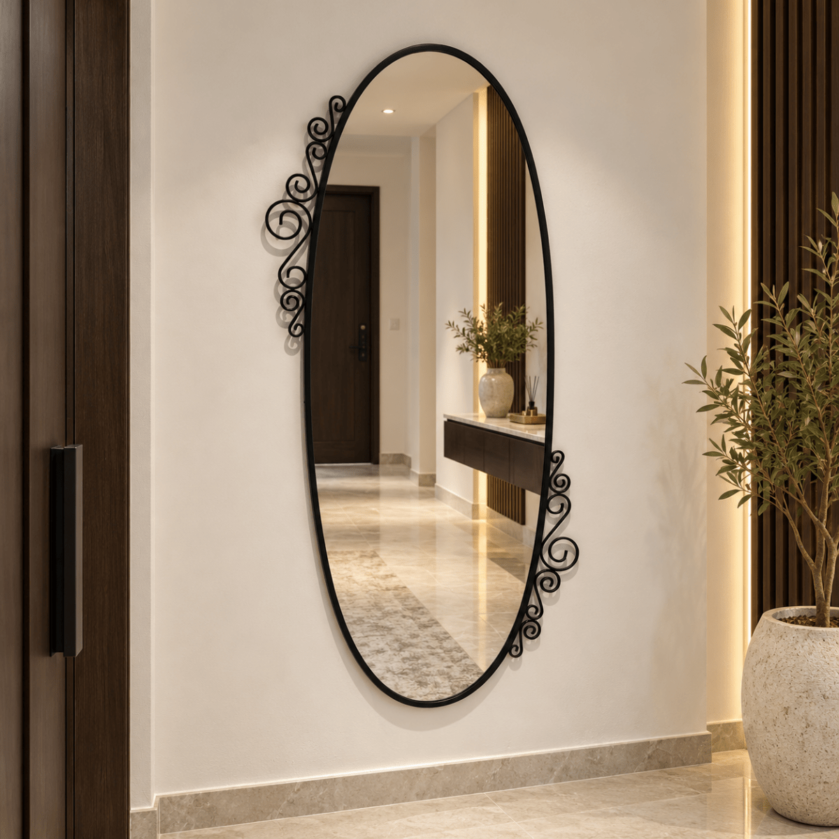 IKEA EKNE Oval Wall Mirror with Decorative Scroll Frame – Black – 70 × 150 cm - Al Thahani Furniture