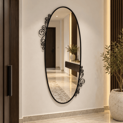 IKEA EKNE Oval Wall Mirror with Decorative Scroll Frame – Black – 70 × 150 cm - Al Thahani Furniture