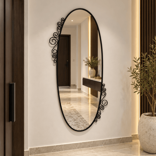 IKEA EKNE Oval Wall Mirror with Decorative Scroll Frame – Black – 70 × 150 cm - Al Thahani Furniture