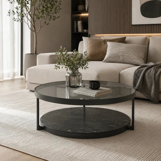 IKEA FRÖTORP Coffee Table | Anthracite Marble Effect/Black Glass - used 5 months - Al Thahani Furniture