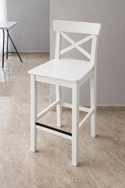 IKEA INGOLF Bar Stool – Solid Pine White – X - Back Design with Footrest – 91x40x45 cm - althahanifurniture