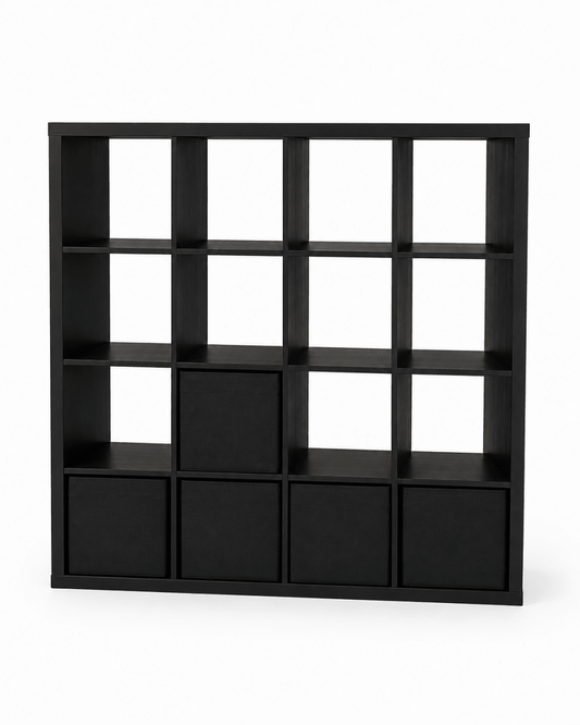 IKEA KALLAX 4×4 Black-Brown 16-Cube Shelving Unit with 5 Storage Boxes - Al Thahani Furniture