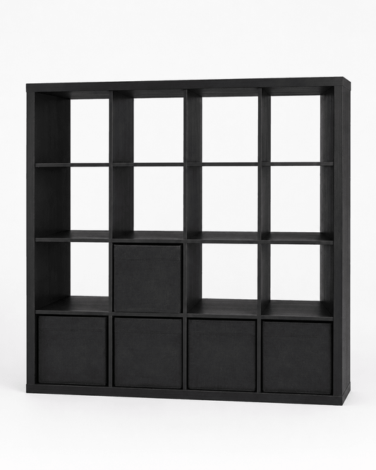 IKEA KALLAX 4×4 Black-Brown 16-Cube Shelving Unit with 5 Storage Boxes - Al Thahani Furniture