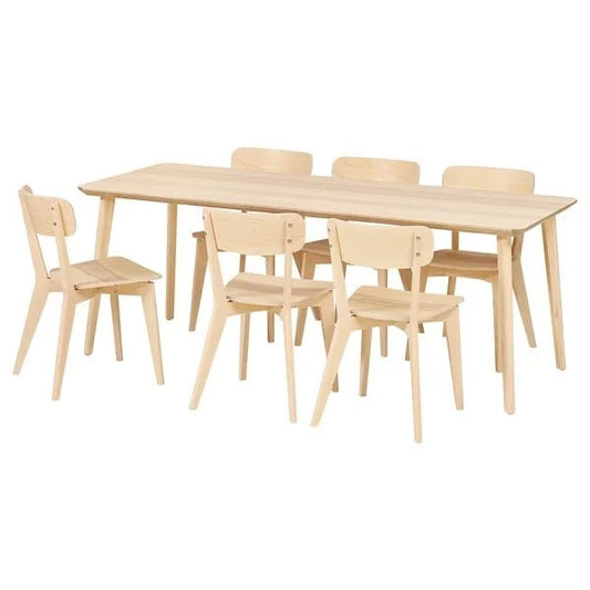 IKEA LISABO Dining Set | Solid Ash Wood Table & 6 Chairs | Natural Grain | Scandinavian Design | 200x78x74 cm Table - althahanifurniture