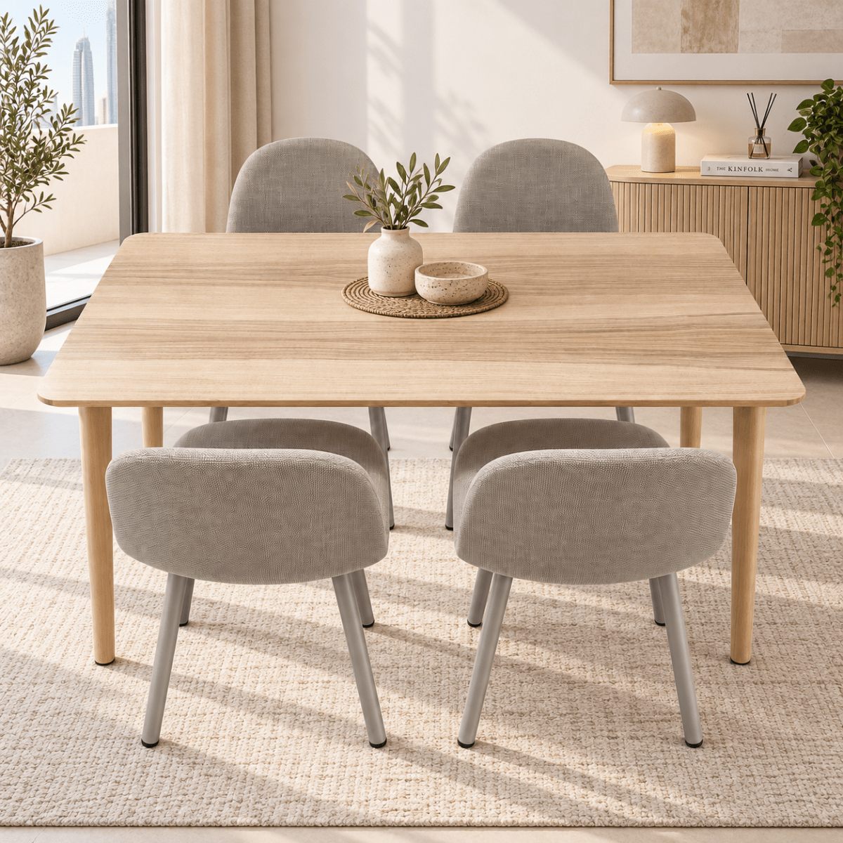 IKEA LISABO Dining Table with 4 JYSK EJSTRUP Upholstered Chairs – 140 × 78 cm – Ash & Beige - Al Thahani Furniture