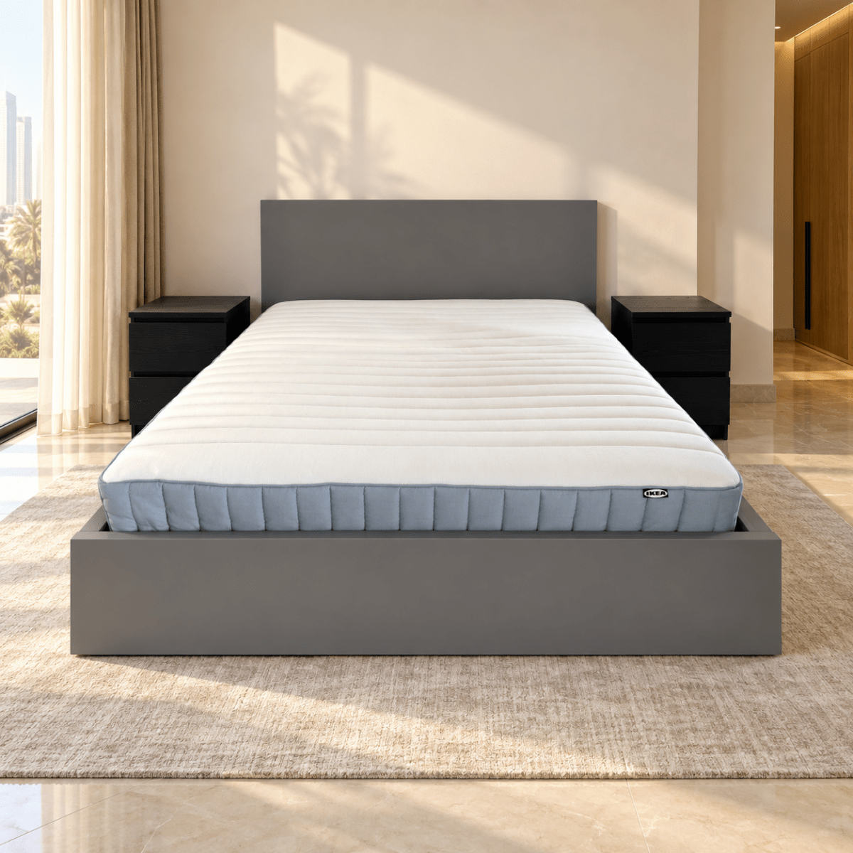 IKEA MALM Double Bed Set with Mattress & 2 Bedside Drawers – Grey/Black-Brown – 140 × 200 cm - Al Thahani Furniture
