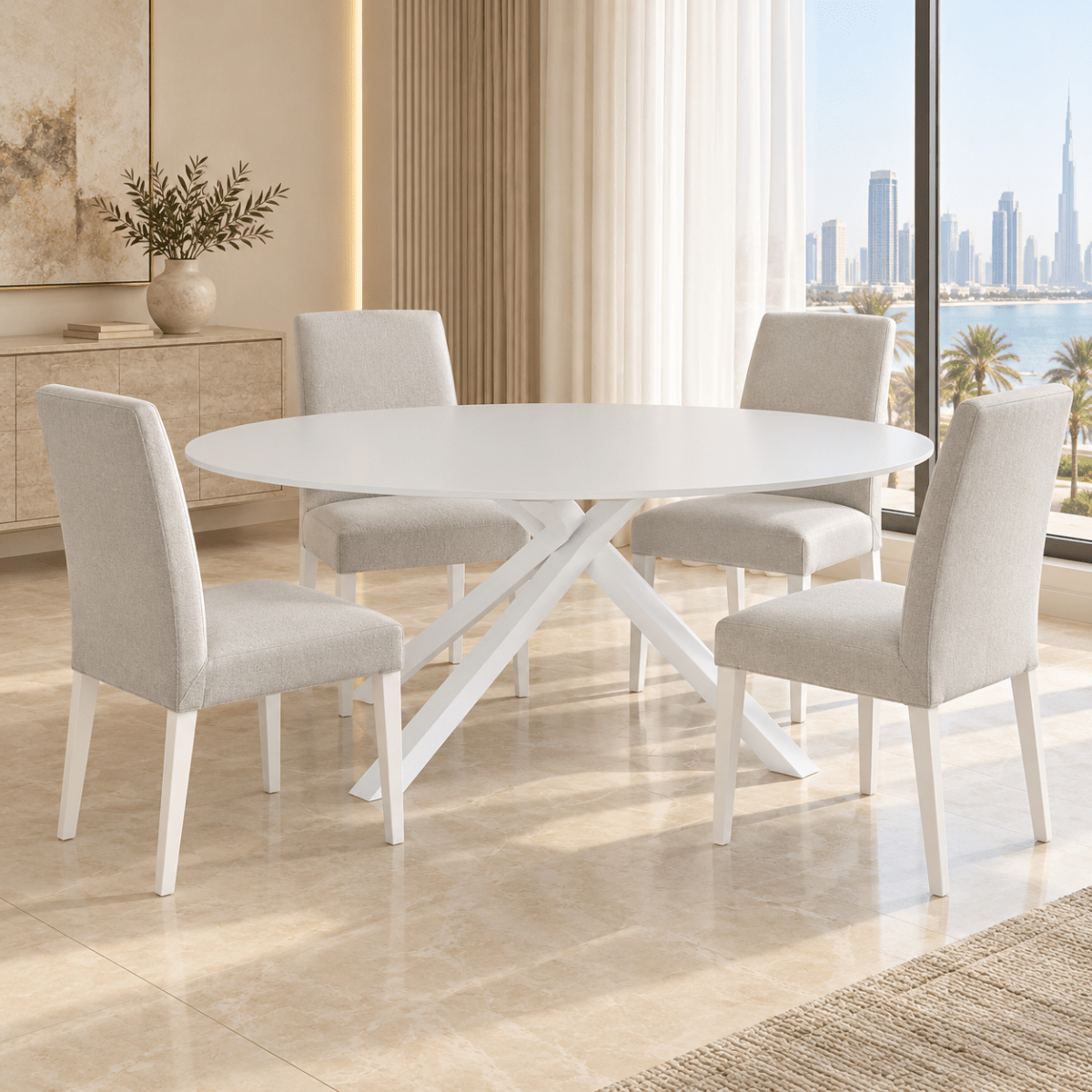 IKEA MARIEDAMM Oval Dining Table with 4 Upholstered Chairs – White – 180 × 100 cm - Al Thahani Furniture