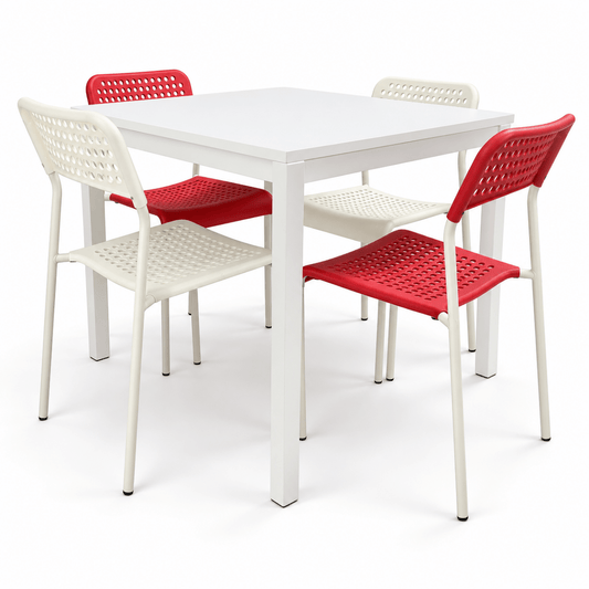 IKEA MELLTORP 4-Seater Dining Set – White Table with Red & Ivory Chairs – 75 × 75 cm - Al Thahani Furniture