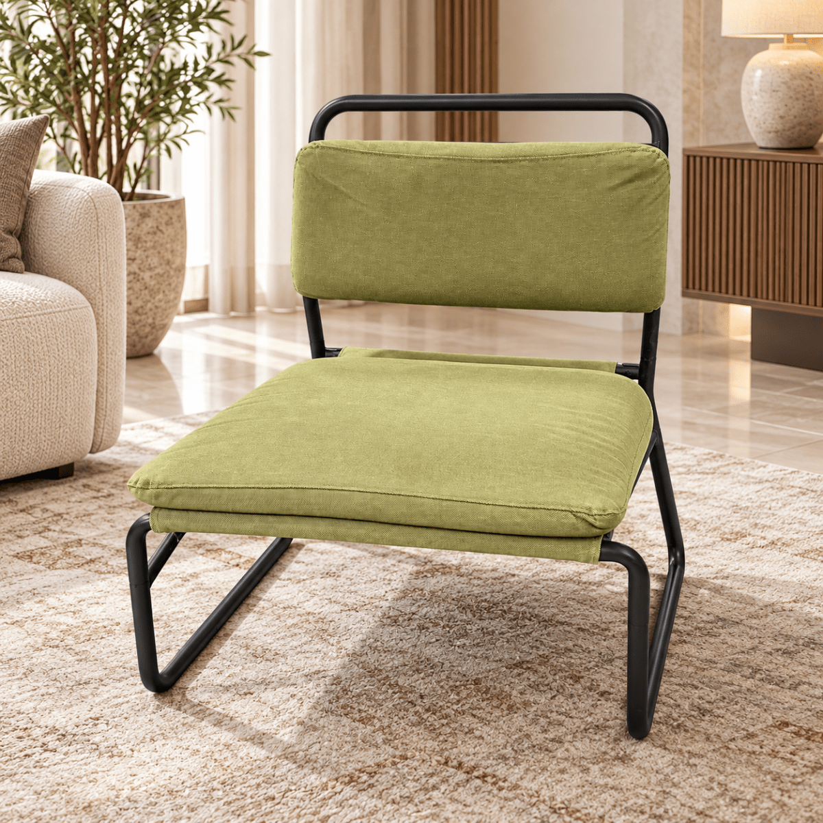 IKEA Modern Olive Green Fabric Lounge Chair with Black Tubular Metal Frame - Al Thahani Furniture
