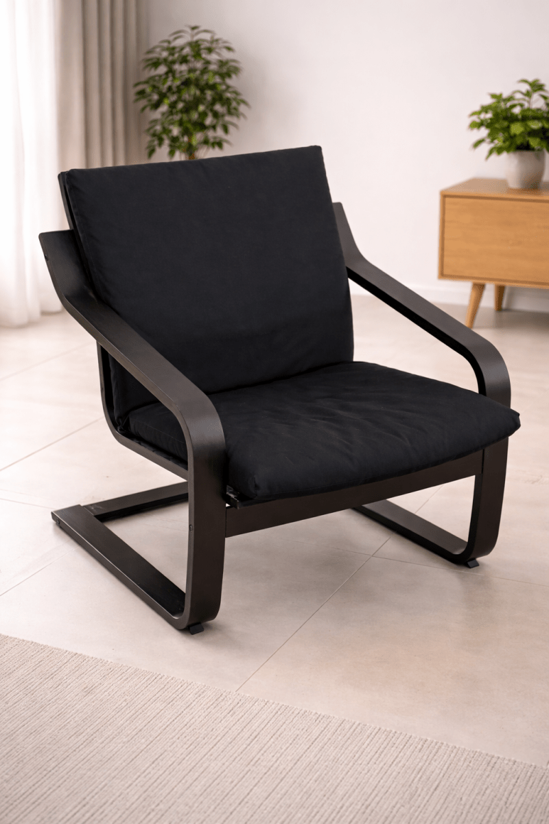IKEA POÄNG Low - Back Armchair – Black - Brown Frame & Black Cushion – Timeless Scandinavian Comfort - althahanifurniture