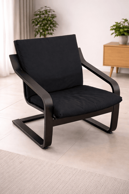 IKEA POÄNG Low - Back Armchair – Black - Brown Frame & Black Cushion – Timeless Scandinavian Comfort - althahanifurniture