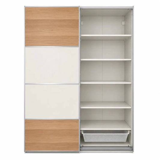 IKEA SKYTTA/MEHAMN/AULI Sliding Door Combination | White/Oak Effect Mirror Glass - used 5 months - Al Thahani Furniture
